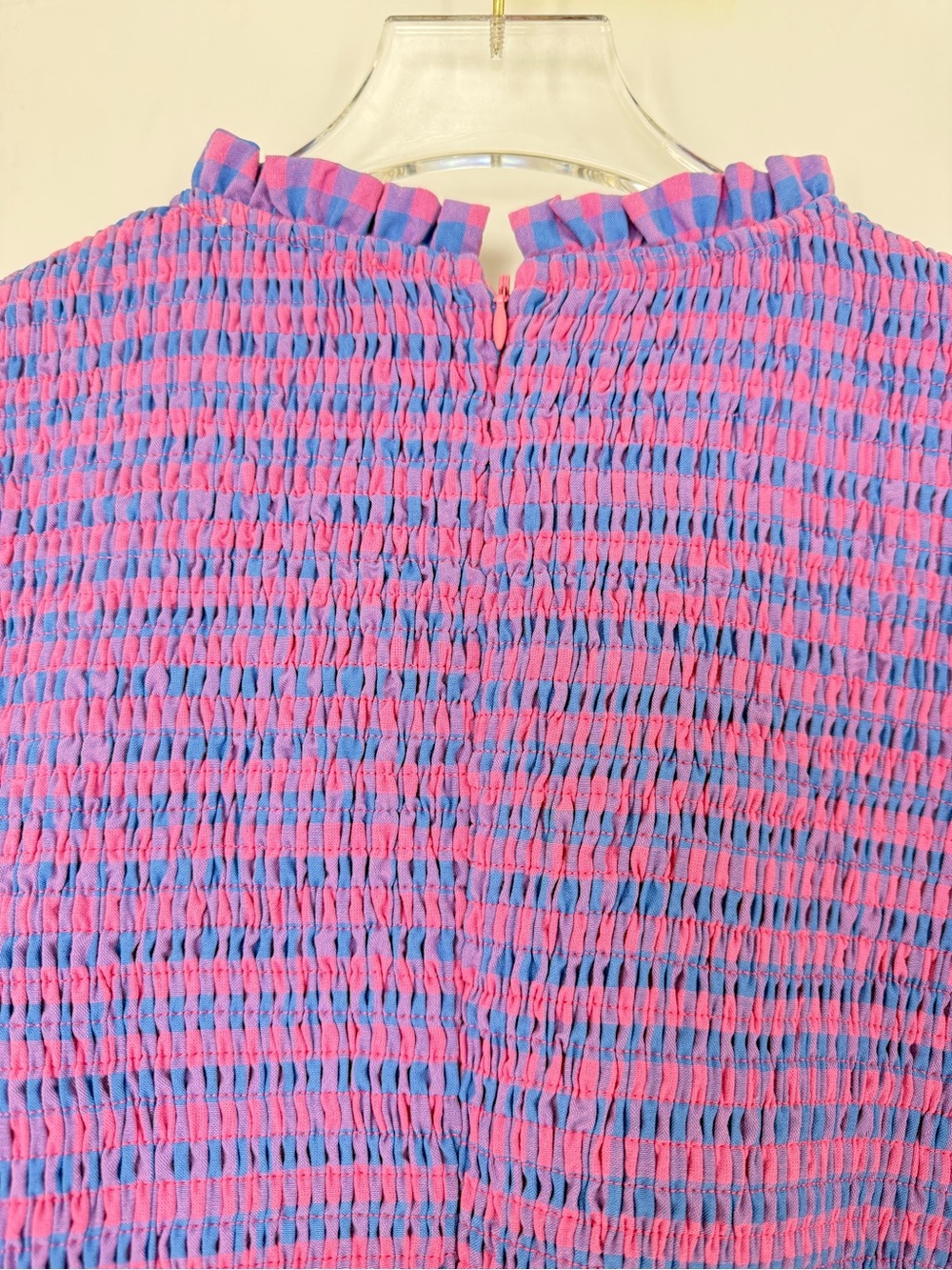 Hyacinth House Ruby Blouse Gingham Smocked Peplum Ruffle Blouse Blue Pink Size M - Picture 12 of 16